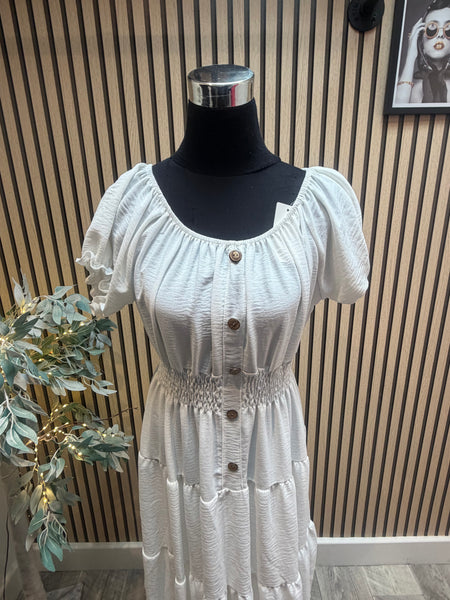 Crinkle fabric Bardot off the shoulder dress