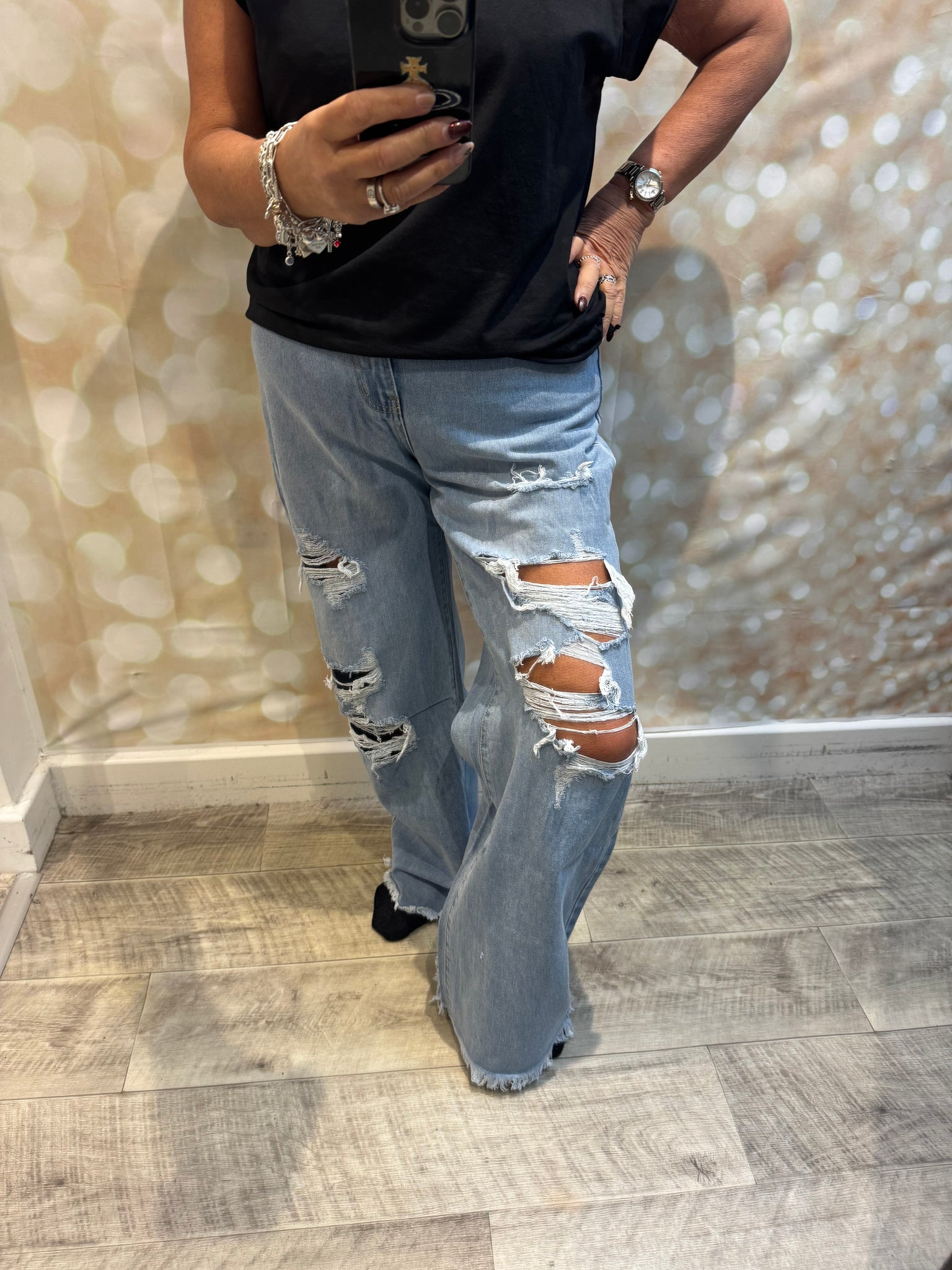 Ripped Denim Wide Leg Jeans