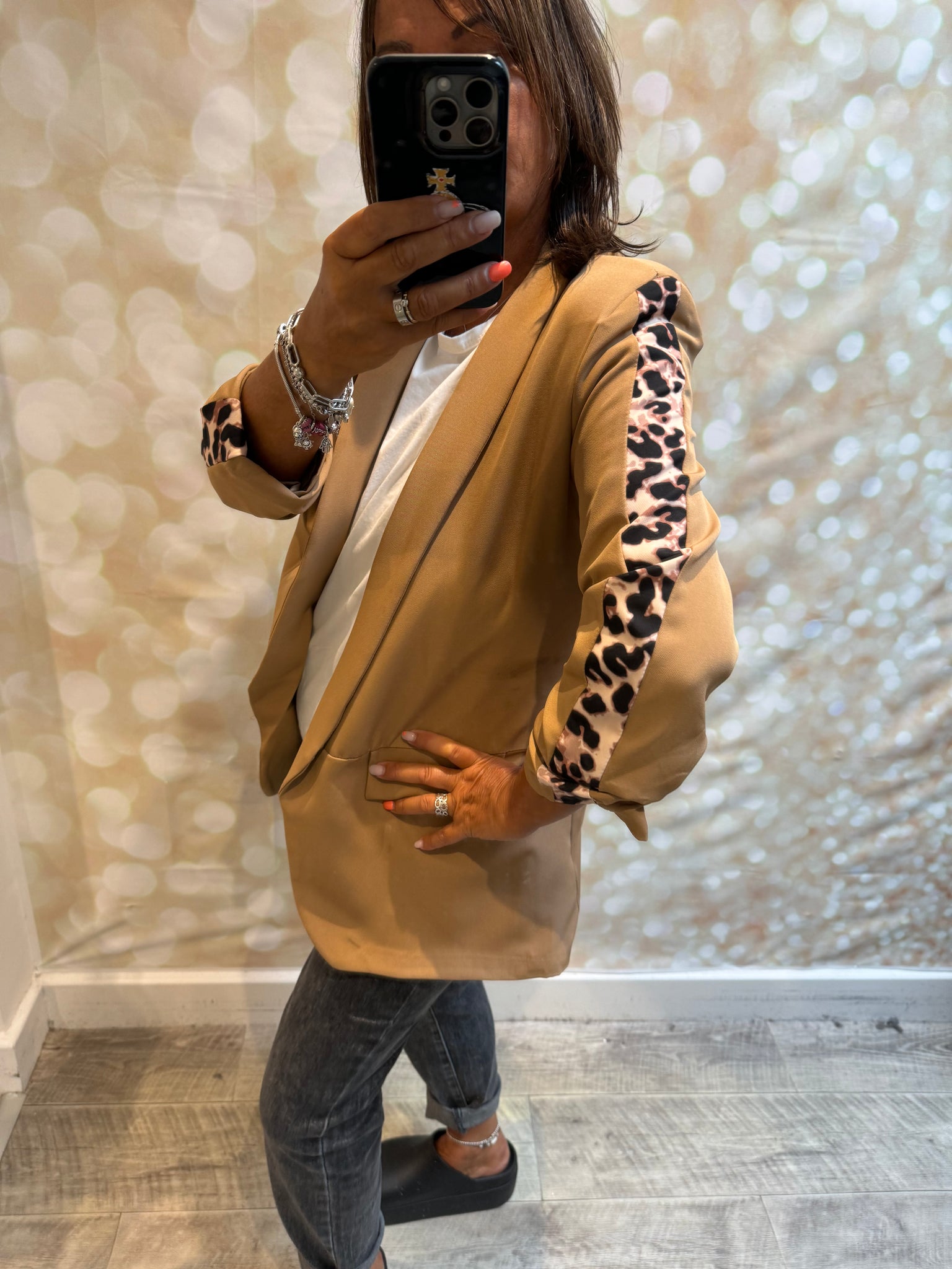 Rouched Sleeve Blazer with leopard stripe