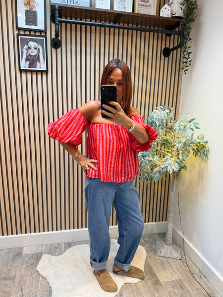 Striped Bardot Top Puff  sleeves