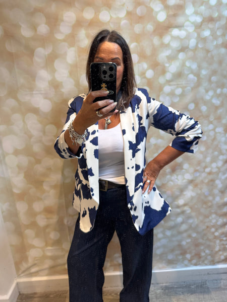 Cow Print Rouched Sleeve Blazer