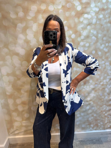 Cow Print Rouched Sleeve Blazer