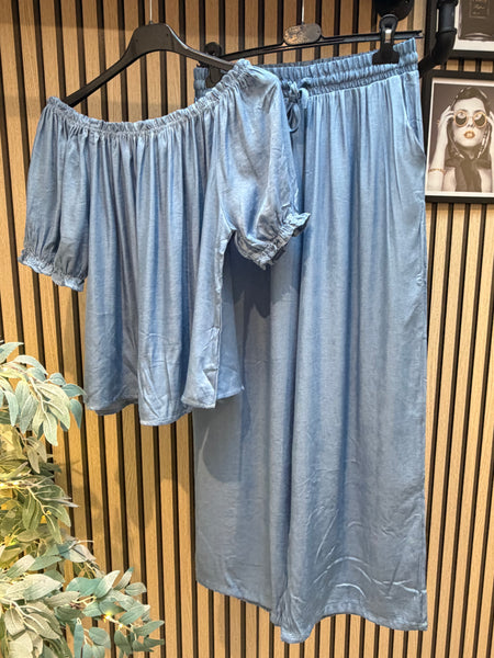 Denim Palazzo / Bardot Top Set