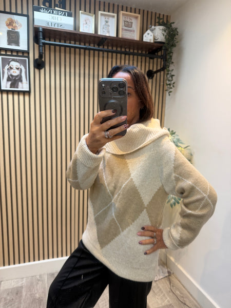 Chunky Knit knit Off the Shoulder Argyle Jumper