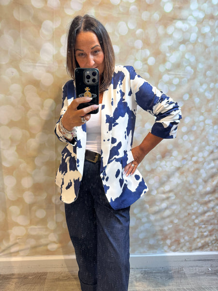 Cow Print Rouched Sleeve Blazer