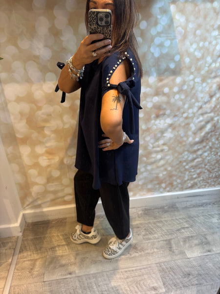 Crinkle Top with embellished cold sleeve