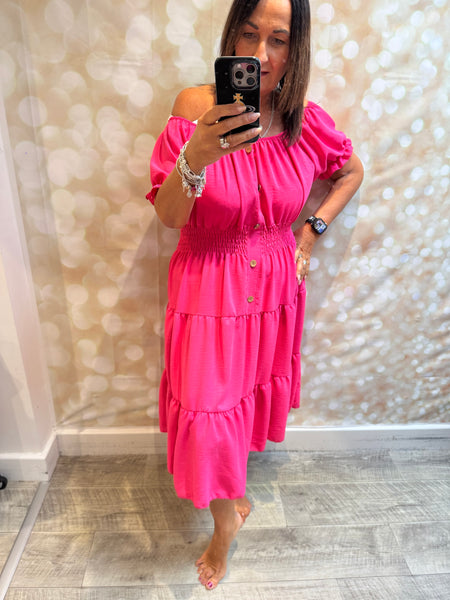 Crinkle fabric Bardot off the shoulder dress