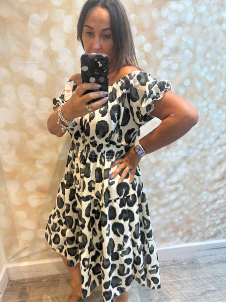 Leopard Bardot off the shoulder dress