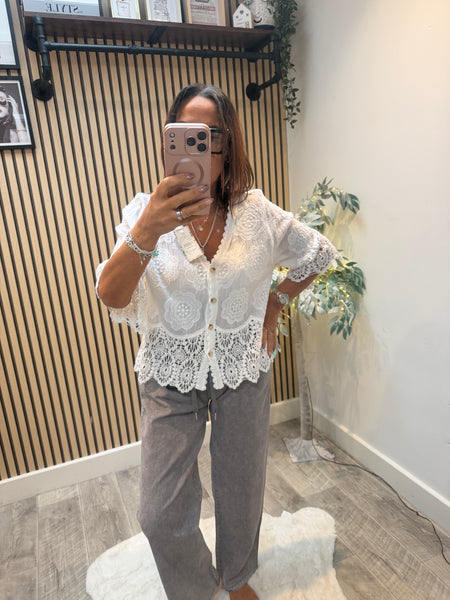 Embroidered Button Front Top