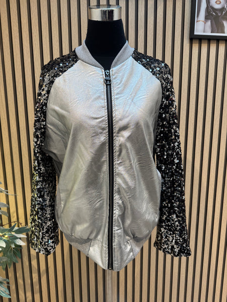 Studio  Pleather Bomber Jacket with sequin sleeves