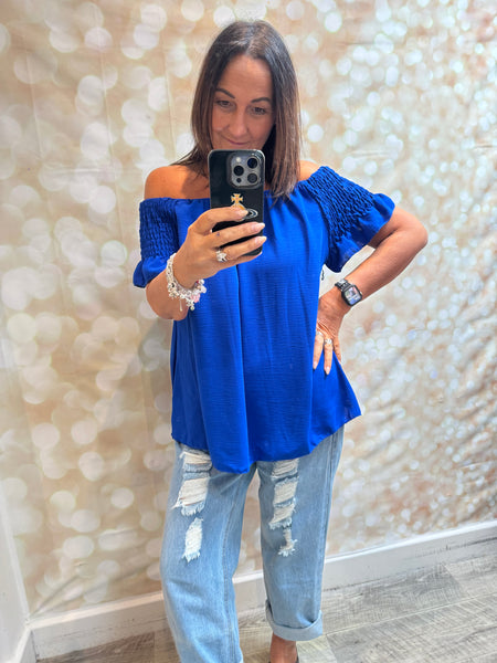 Bardot Shirred Shoulder Top