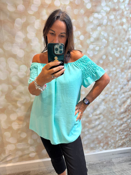 Bardot Shirred Shoulder Top