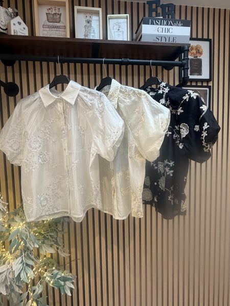 Embroidered Silky sheer Puff sleeve blouse