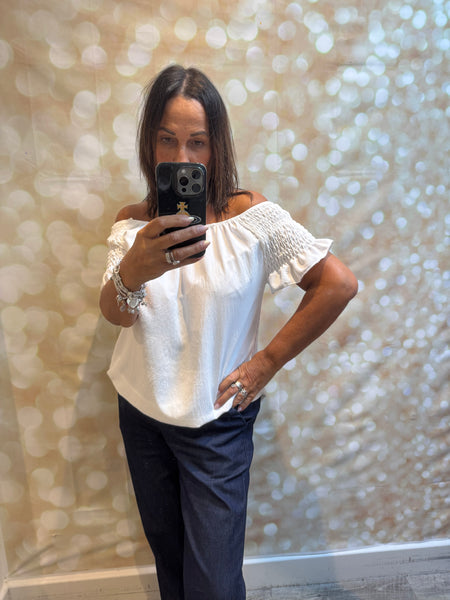 Bardot Shirred Shoulder Top