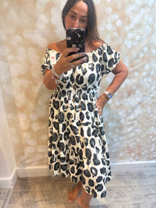 Leopard Bardot off the shoulder dress