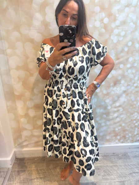 Leopard Bardot off the shoulder dress