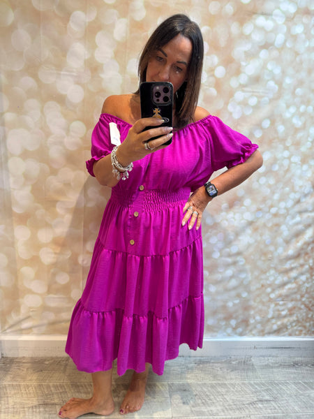 Crinkle fabric Bardot off the shoulder dress