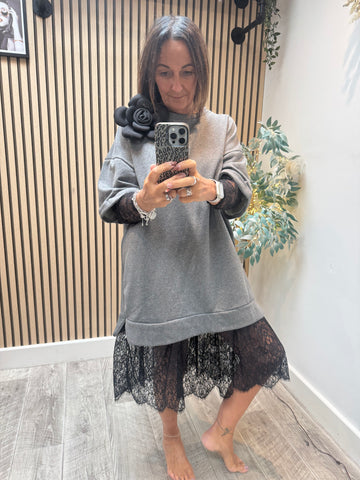 ID Corsage Lace Hem Sweatdress
