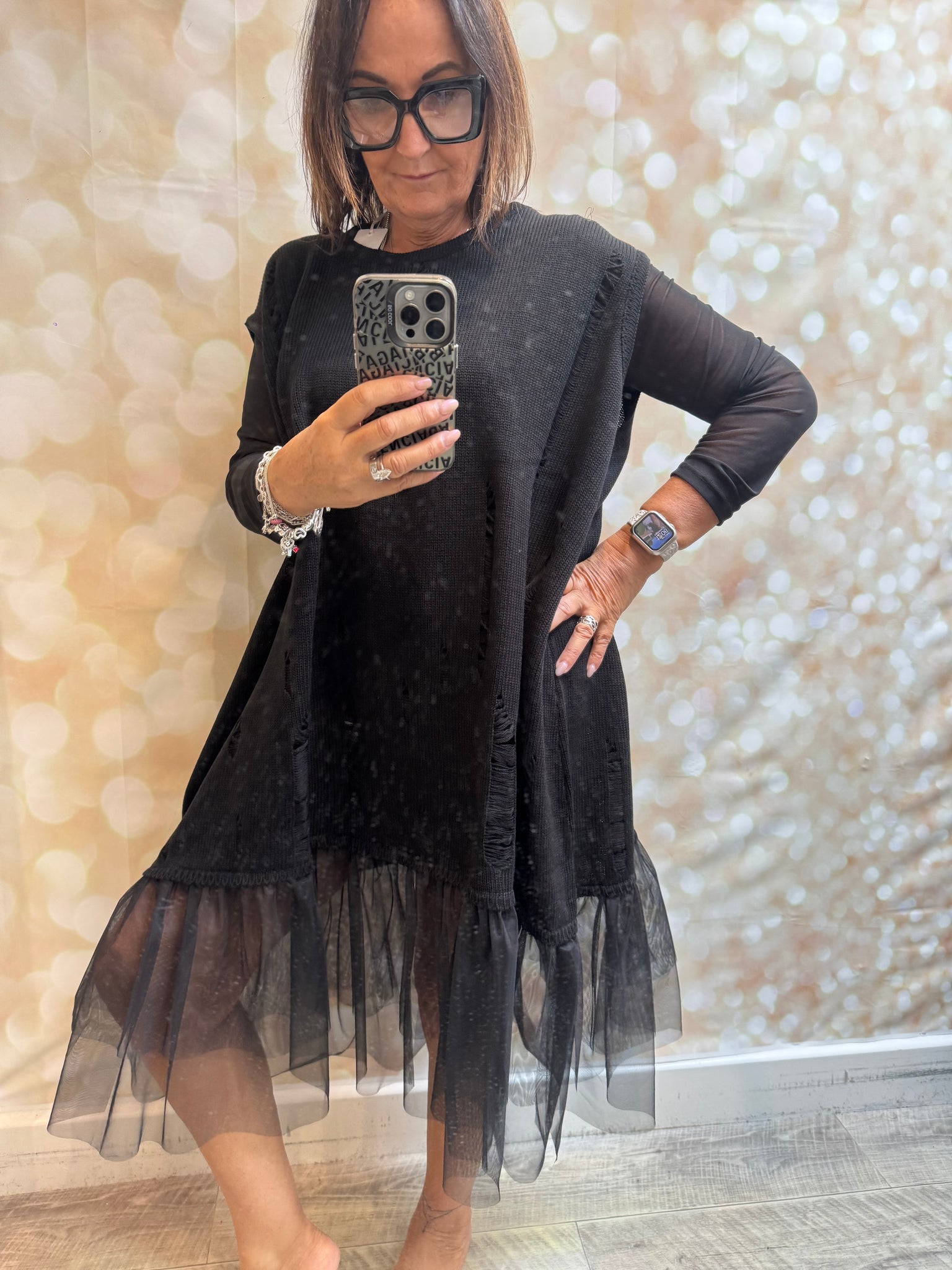 ID Curve Knitted  Sleeveless Tunic with Tulle Frill