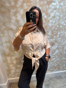 Applique Tie Front Cropped Shirt