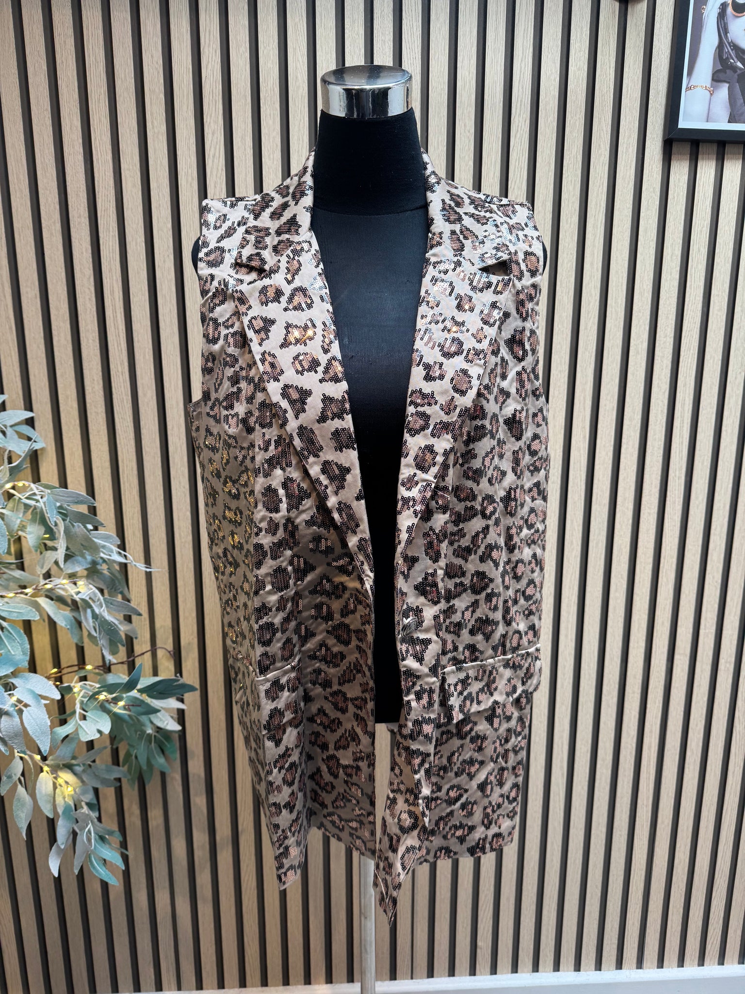 Studio sequin/ leopard longline waistcoat