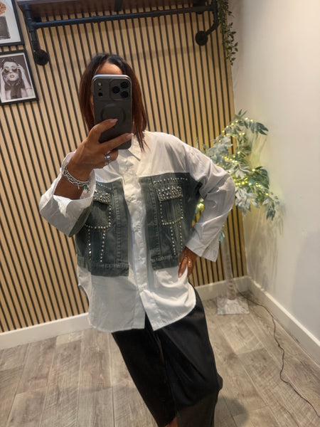 Oversized shirt with Denim Patches/  Embellishments