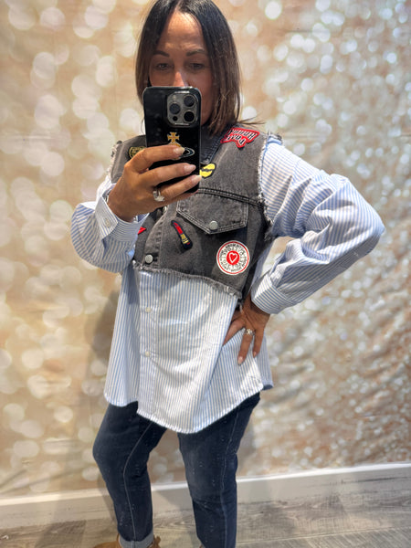 Studio pinstripe / badged denim shirt