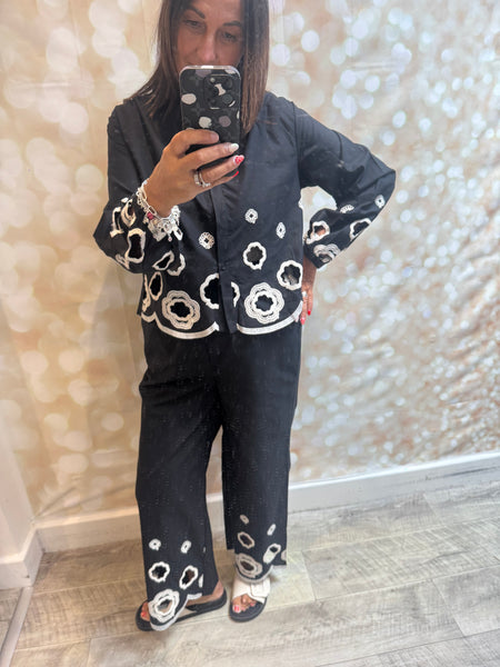 2 Piece Cut Out Embroidered Palazzo Trouser / Shirt set