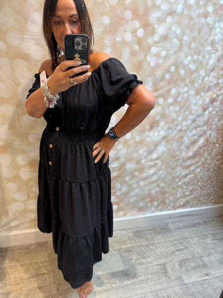 Crinkle fabric Bardot off the shoulder dress
