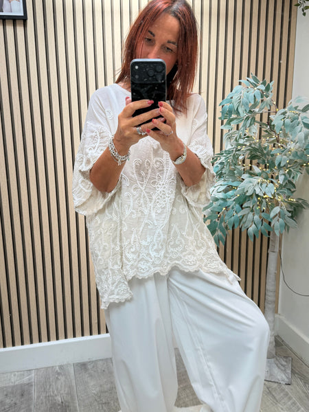 Embroidered Scalloped Hem Tunic/Top