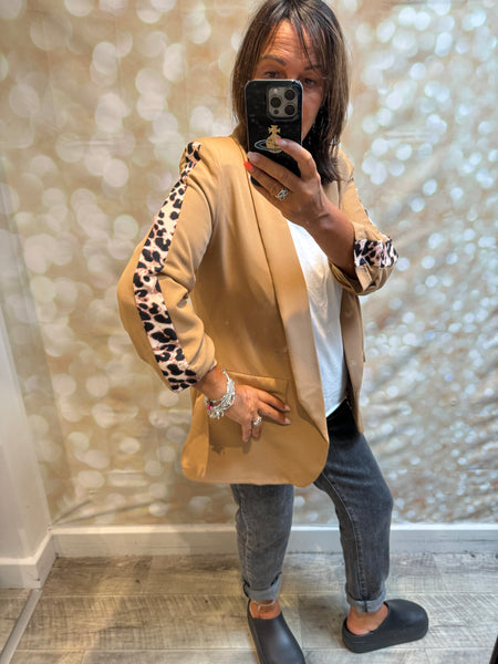 Rouched Sleeve Blazer with leopard stripe