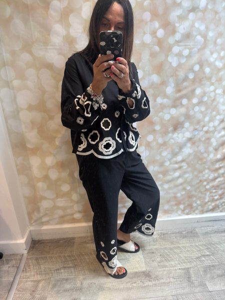 2 Piece Cut Out Embroidered Palazzo Trouser / Shirt set