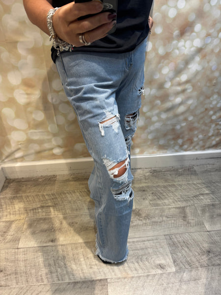 Ripped Denim Wide Leg Jeans