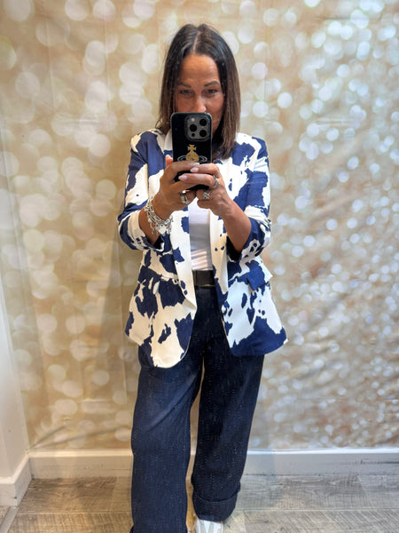 Cow Print Rouched Sleeve Blazer