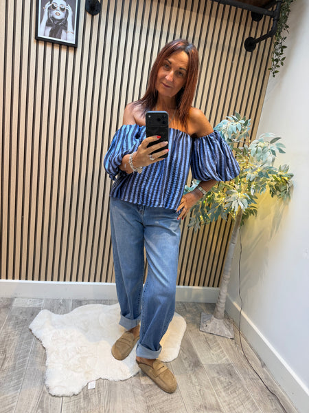 Striped Bardot Top Puff  sleeves