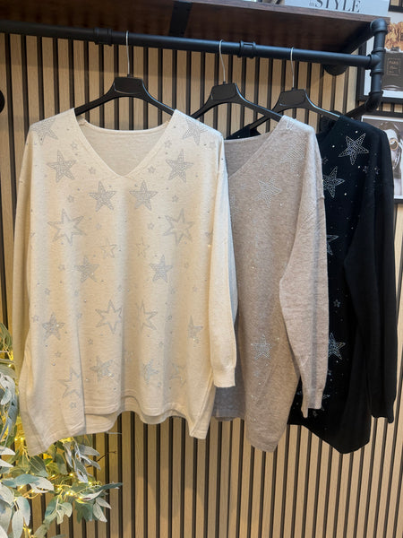 V Neck Diamante Star Jumper
