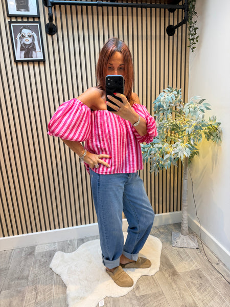 Striped Bardot Top Puff  sleeves