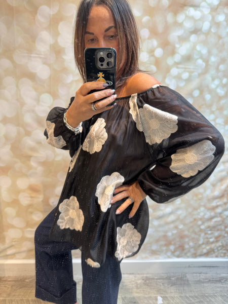 Silky Sheer Bardot Applique Top