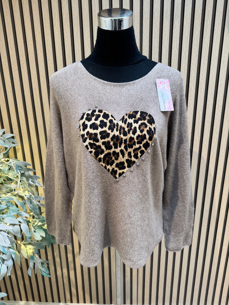 Soft Knit Leopard Heart jumper