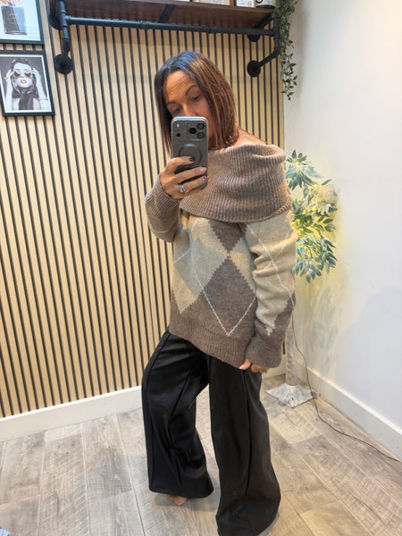 Chunky Knit knit Off the Shoulder Argyle Jumper