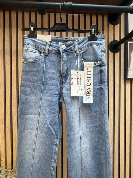 Seamed Straight Leg  Stretch Denim Jeans