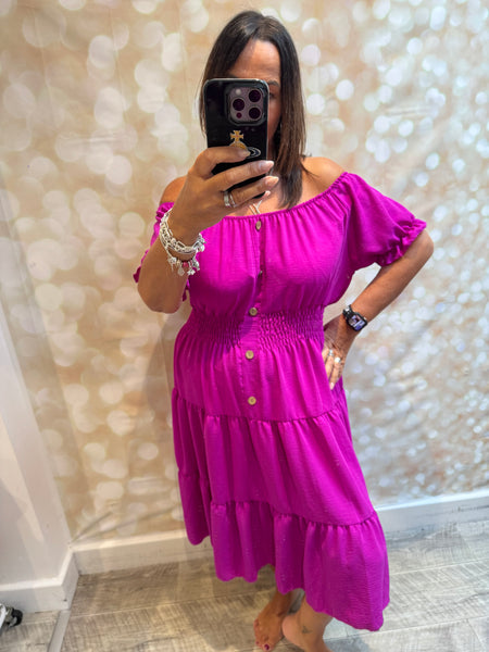 Crinkle fabric Bardot off the shoulder dress