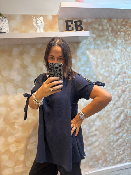 Crinkle Top with embellished cold sleeve
