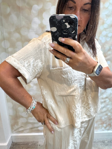 2 Piece Embroidered Leaf Palazzo Trouser / Shirt set