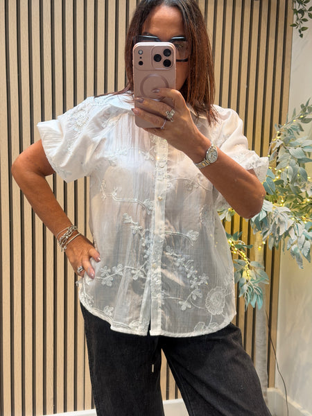 Embroidered Silky sheer Puff sleeve blouse