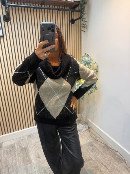 Chunky Knit knit Off the Shoulder Argyle Jumper