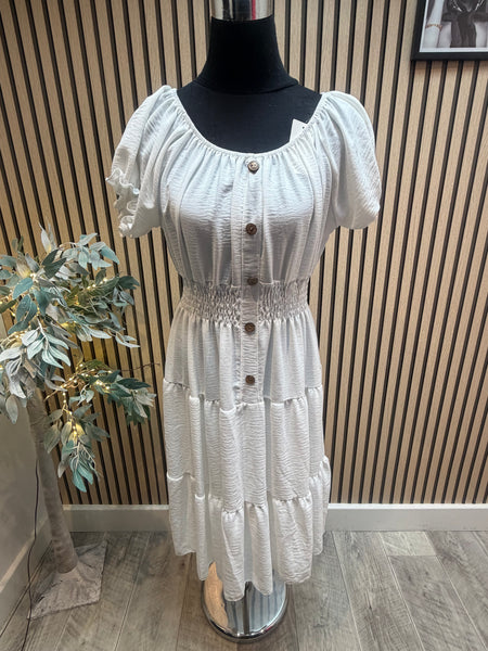 Crinkle fabric Bardot off the shoulder dress