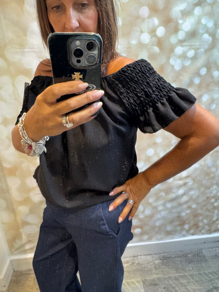 Bardot Shirred Shoulder Top