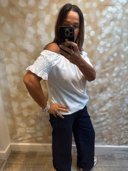 Bardot Shirred Shoulder Top