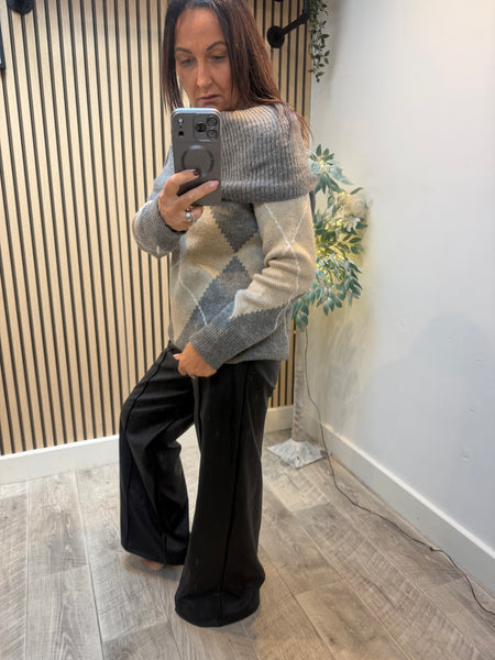 Chunky Knit knit Off the Shoulder Argyle Jumper